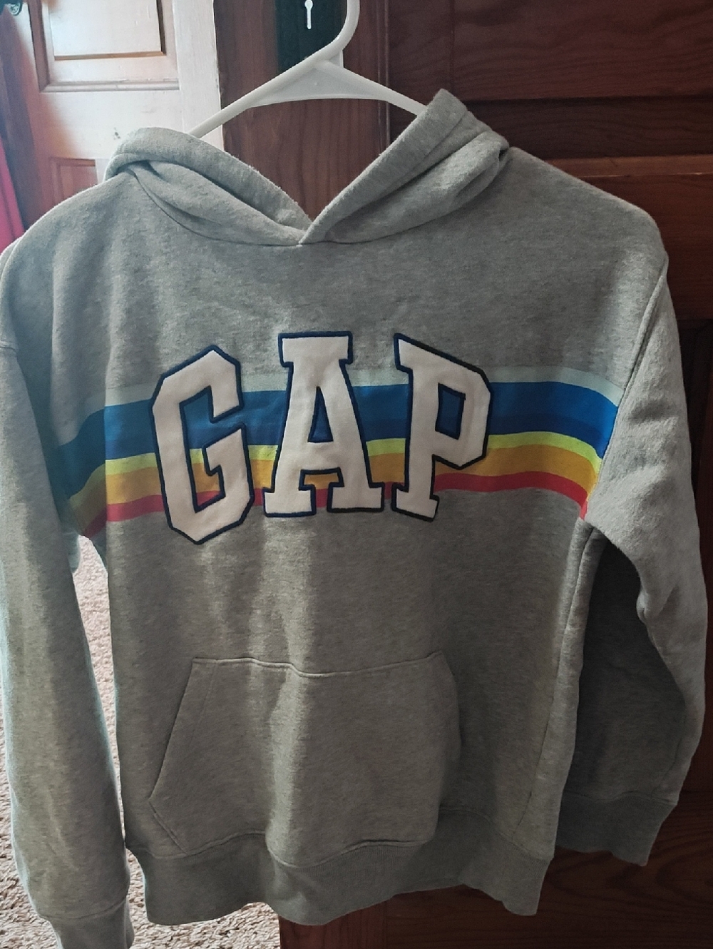 GAP Light Gray Hoodie with Blue, Teal, Yellow & Red Stripes